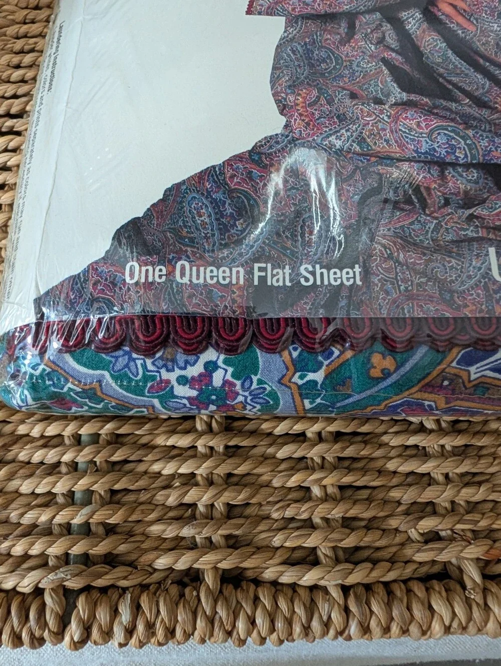 NEW CottonCale Paisley Print Queen Flat Sheet With Edging Detail 100% Cotton